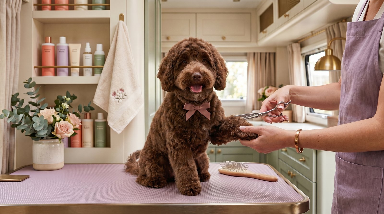 A golden doodle getting a professional haircut and styling